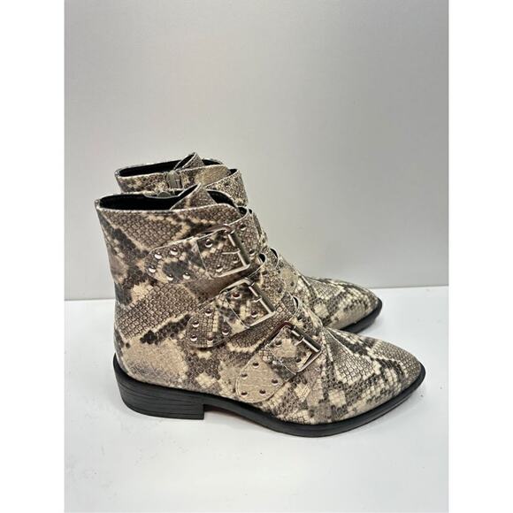 STEVEN NEW YORK Beige Snake Buckle Accent Studded Hazan Almond Toe Block Heel - Picture 5 of 11